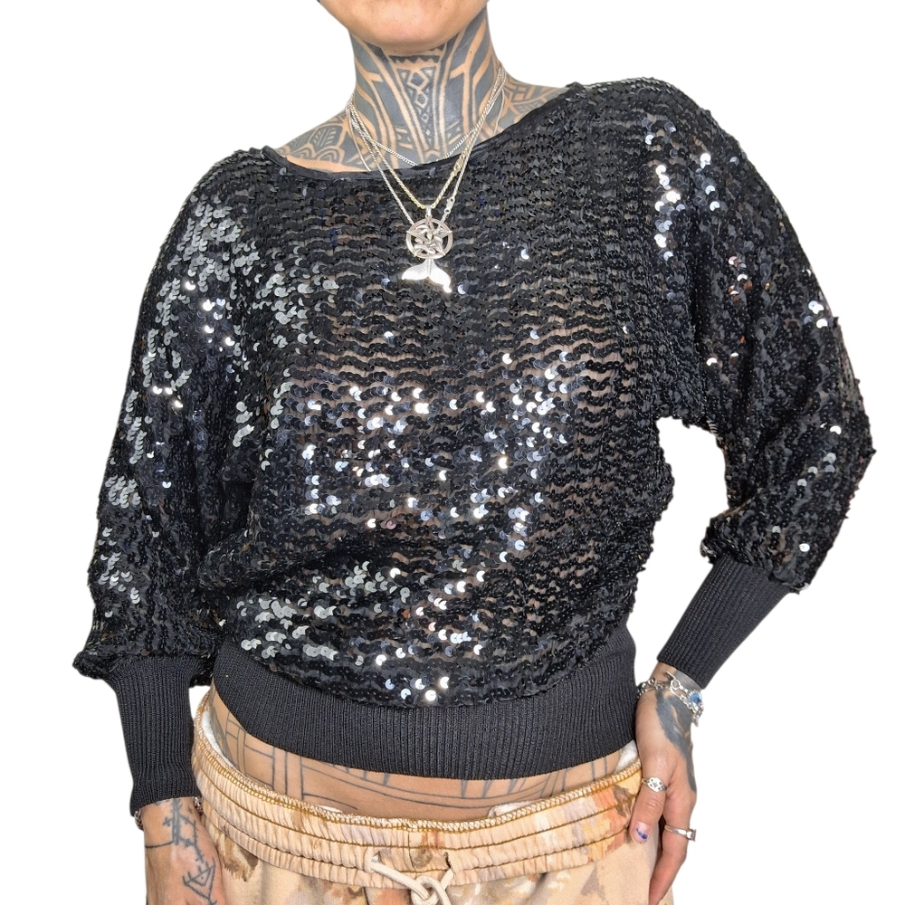 Vintage 80s Sheer Sequin Long Sleeve Top Womens XS Small Glam Rock Goth Indie